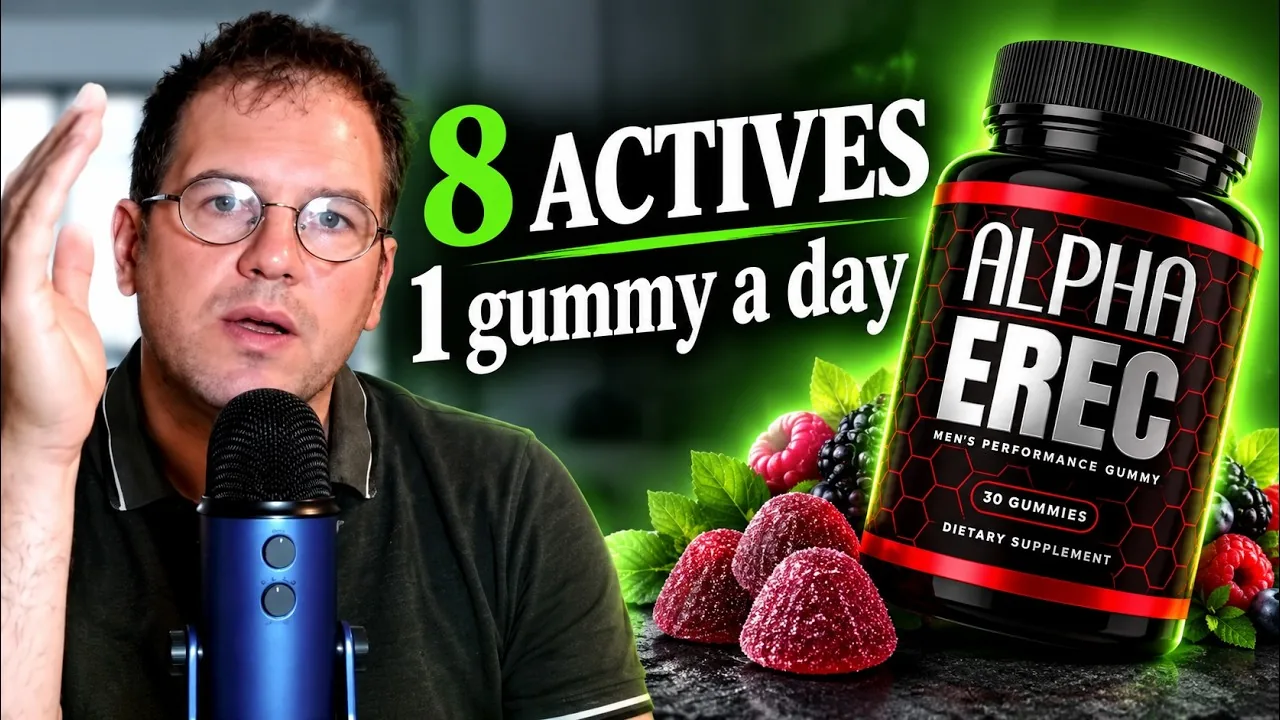 Alpha Erec review video thumbnail: a bottle of Alpha Erec, 30 gummies, next to berry gummies and the words 8 actives, 1 gummy a day