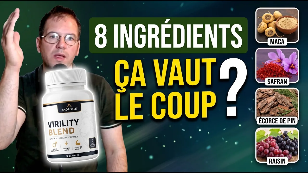 Androxen avis en vidéo : le présentateur montre le flacon de 30 gélules, avec le texte 8 ingrédients, ça vaut le coup ?, la maca, le safran, l’écorce de pin et le raisin