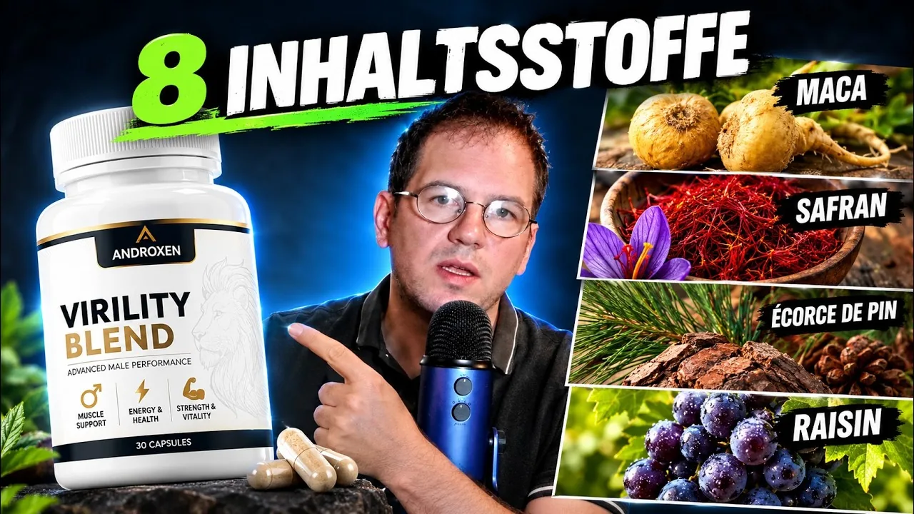Androxen Erfahrungen im Video: der Moderator zeigt auf die Androxen-Dose mit 30 Kapseln, daneben Maca, Safran, Kiefernrinde und Trauben, dazu der Text 8 Inhaltsstoffe