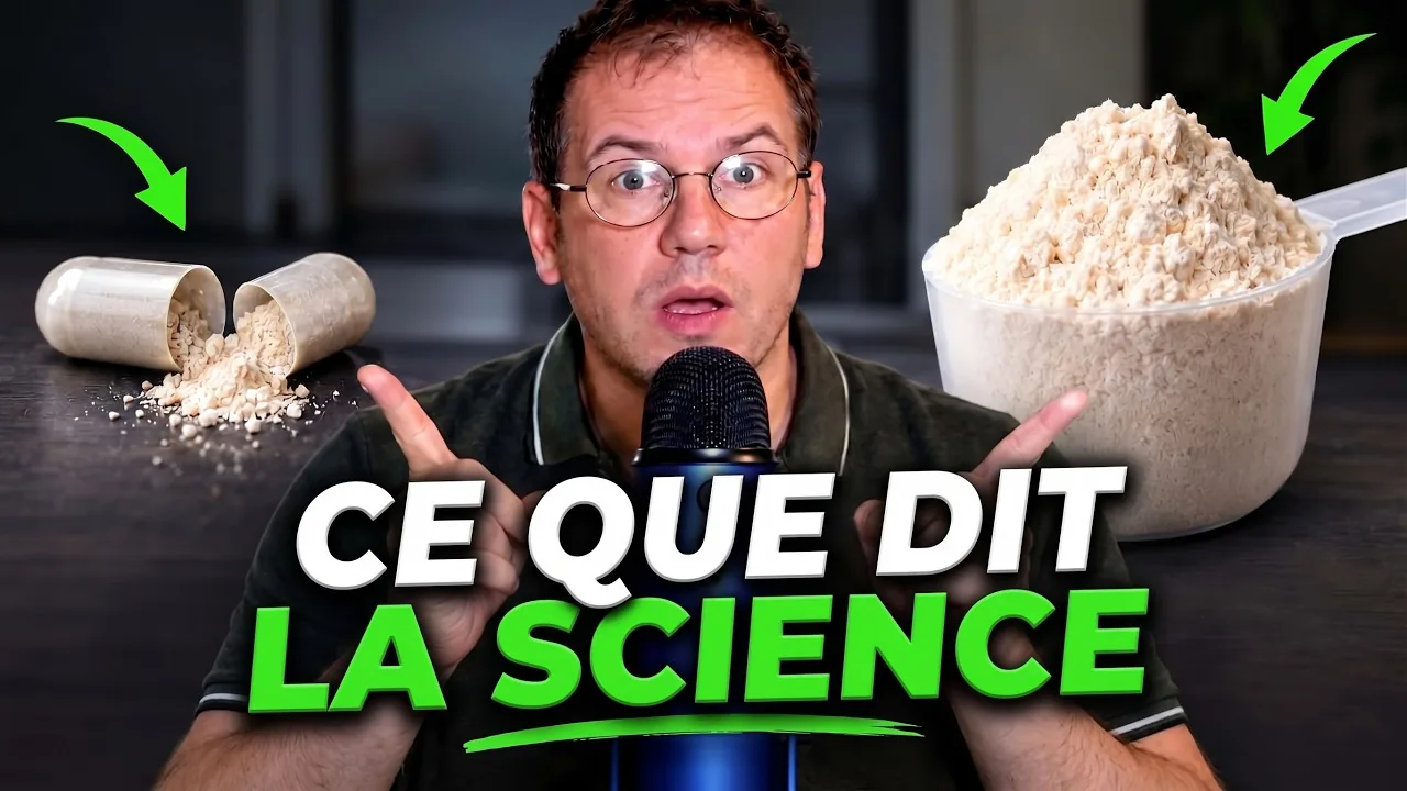 Doses des compléments pour homme, miniature de la vidéo : une gélule ouverte et sa poudre à côté d’une mesurette pleine de poudre, sous le titre Ce que dit la science