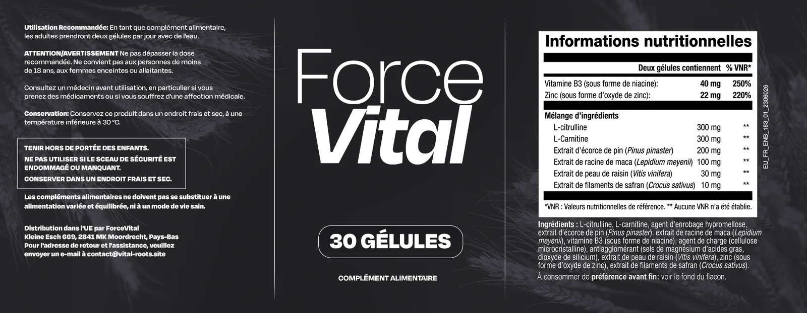 Étiquette officielle ForceVital : composition, informations nutritionnelles et posologie pour deux gélules