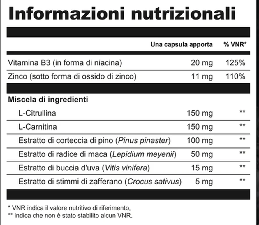 ForceVital, tabella dei valori nutrizionali dell’etichetta italiana: zinco, vitamina B3 e sei estratti dosati per capsula