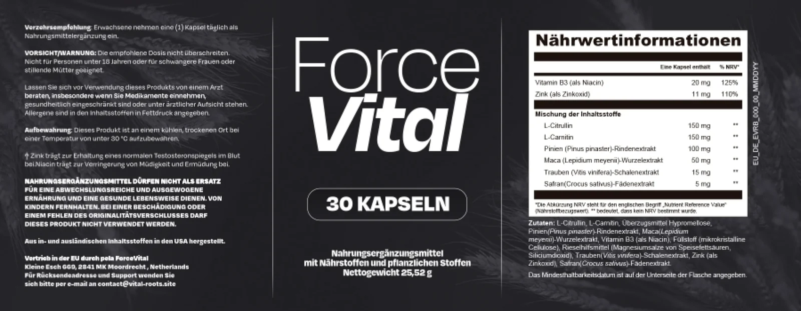 Deutsches Etikett von ForceVital mit den Nährwertinformationen pro Kapsel, Zink 11 mg und Vitamin B3 20 mg