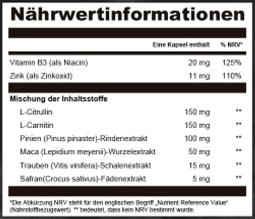 Etikett lesen am Beispiel: Nährwertinformationen von ForceVital, eine Kapsel enthält 20 mg Vitamin B3 mit 125 % NRV und 11 mg Zink mit 110 % NRV, darunter sechs Zutaten mit Milligrammangabe
