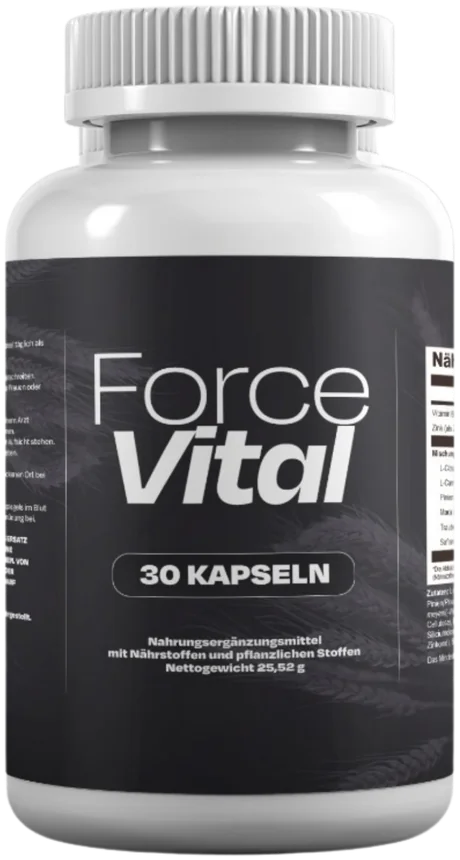 ForceVital Flasche mit 30 Kapseln, Etikett mit der Menge jedes der acht Wirkstoffe je Kapsel
