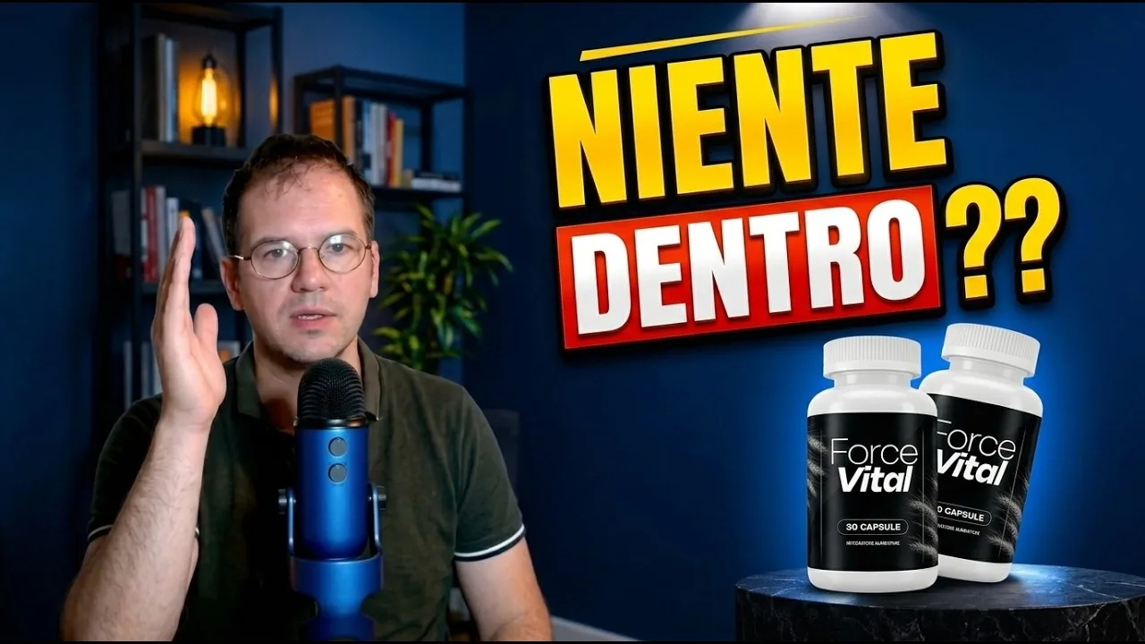 Miniatura del video sugli ingredienti di ForceVital: il presentatore al microfono accanto a due flaconi italiani da 30 capsule