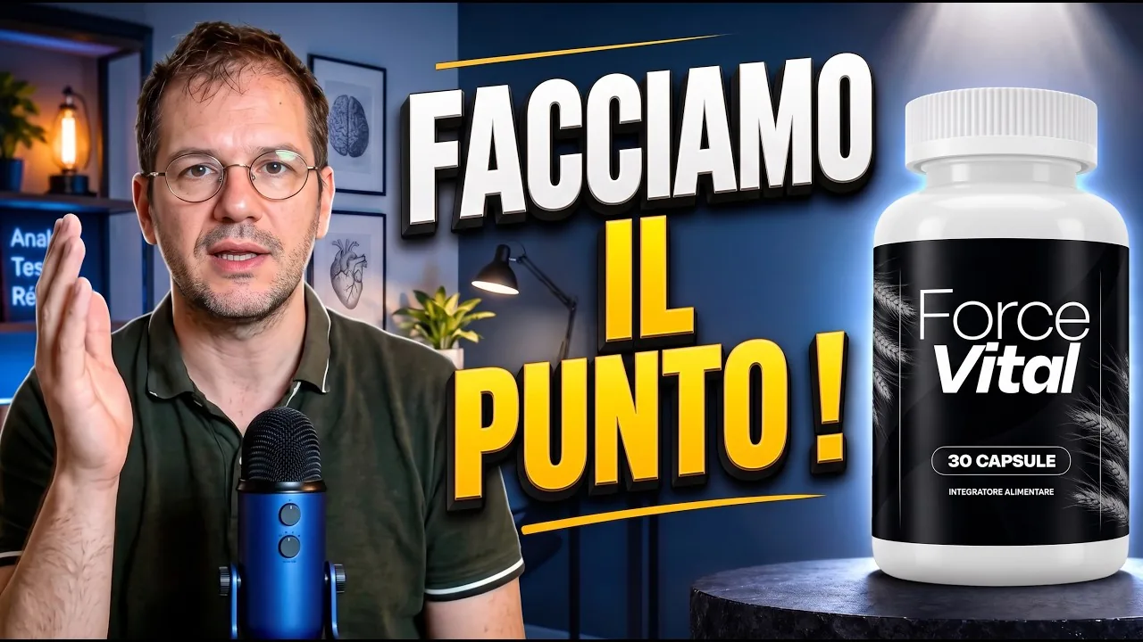 Miniatura del video ForceVital: il presentatore accanto al flacone italiano da 30 capsule, con il testo Facciamo il punto