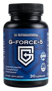 Bottle of GForce 5 by Supernatural, 30 vegetarian capsules, a 30-day supply of the men’s blood flow supplement