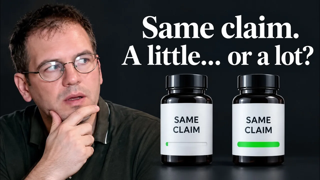 How to read a supplement label, video thumbnail: two identical bottles marked Same claim, one with a nearly empty gauge and one with a full gauge, under the question A little or a lot?