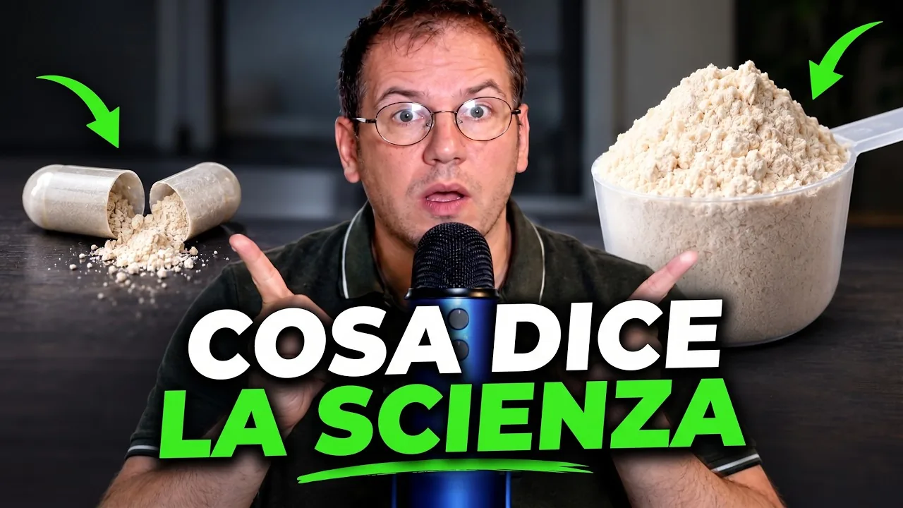 Miniatura del video sulle dosi degli integratori per uomo: una capsula aperta con la sua polvere e un misurino pieno di polvere, con il testo Cosa dice la scienza
