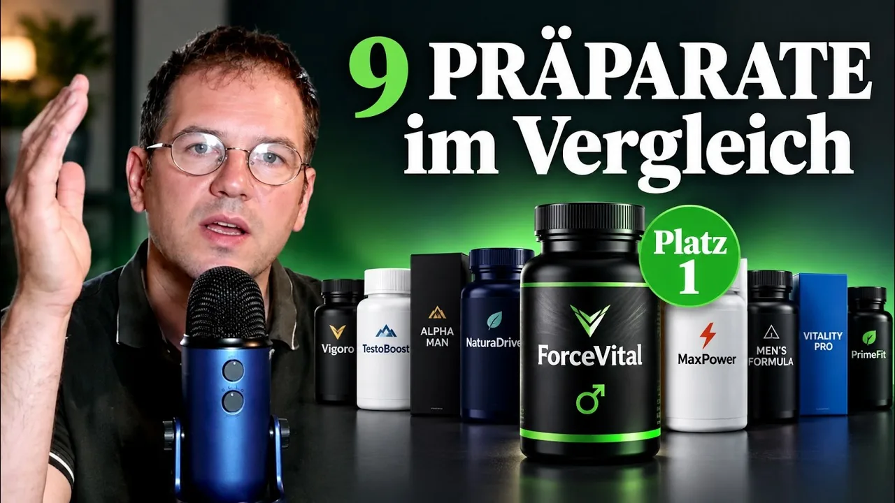 Libido-Booster Vergleich im Video: neun Präparate für Männer nebeneinander, in der Mitte eine ForceVital Flasche mit dem Hinweis Platz 1