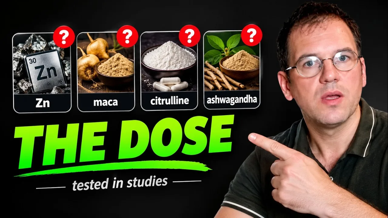 Men’s supplement ingredient doses, video thumbnail: four cards for zinc, maca, citrulline and ashwagandha, each with a question mark, above the words The dose, tested in studies