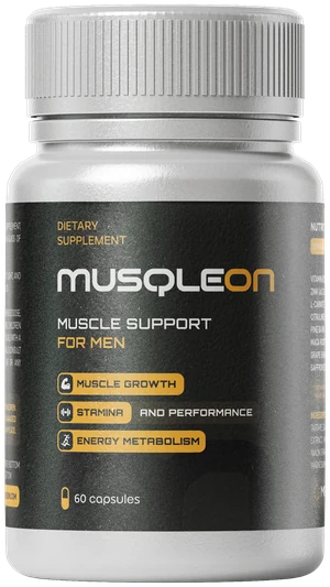 MusqleON flacone da 60 capsule, integratore alimentare per uomo con zinco, vitamina B3, L-citrullina e maca, etichetta in inglese