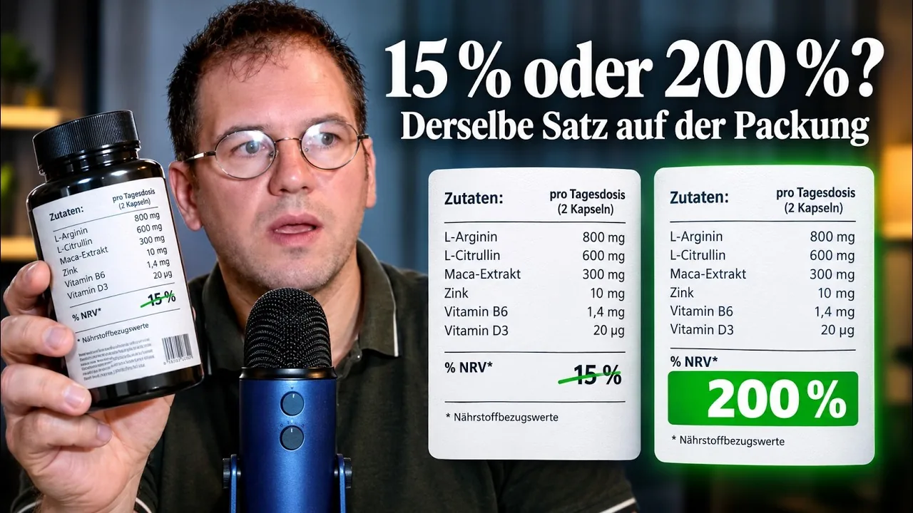 Nahrungsergänzungsmittel Etikett lesen, Vorschaubild des Videos: der Moderator hält eine Flasche mit Zutatenliste in die Kamera, daneben zwei gleiche Etiketten, eines mit 15 % NRV und eines mit 200 % NRV, unter der Frage 15 % oder 200 %? Derselbe Satz auf der Packung