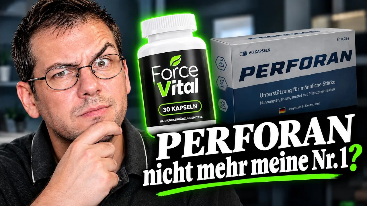 Perforan Erfahrungen im Video: die ForceVital Flasche mit 30 Kapseln neben der Perforan Packung mit 60 Kapseln, dazu die Frage, ob Perforan noch die Nummer 1 ist