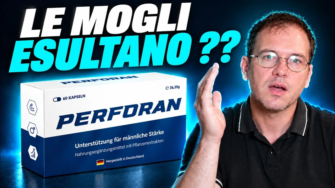 Miniatura del video Perforan recensione: il presentatore accanto alla scatola di Perforan da 60 capsule, etichettata in tedesco