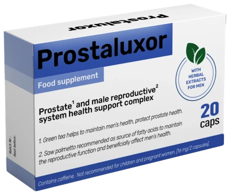 Boîte de Prostaluxor de 20 gélules sous blister, complément alimentaire pour homme, emballage en anglais