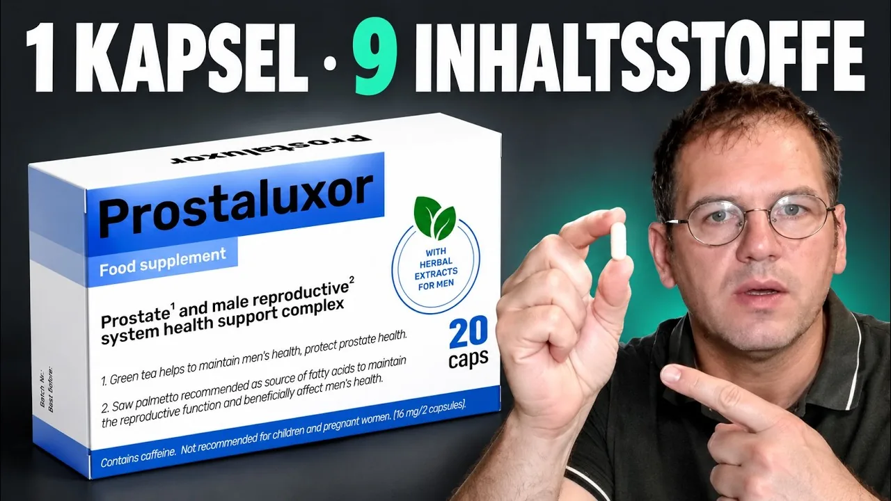 Prostaluxor Erfahrungen im Video: der Moderator hält eine Kapsel neben der Prostaluxor-Packung mit 20 Kapseln, dazu der Text 1 Kapsel, 9 Inhaltsstoffe