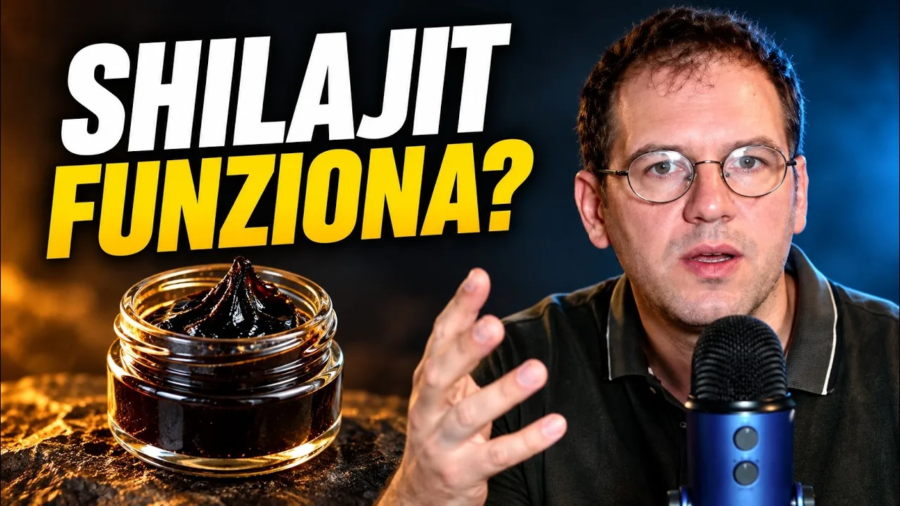 Shilajit, recensioni e studi: il presentatore accanto a un barattolo di resina nera, miniatura del video