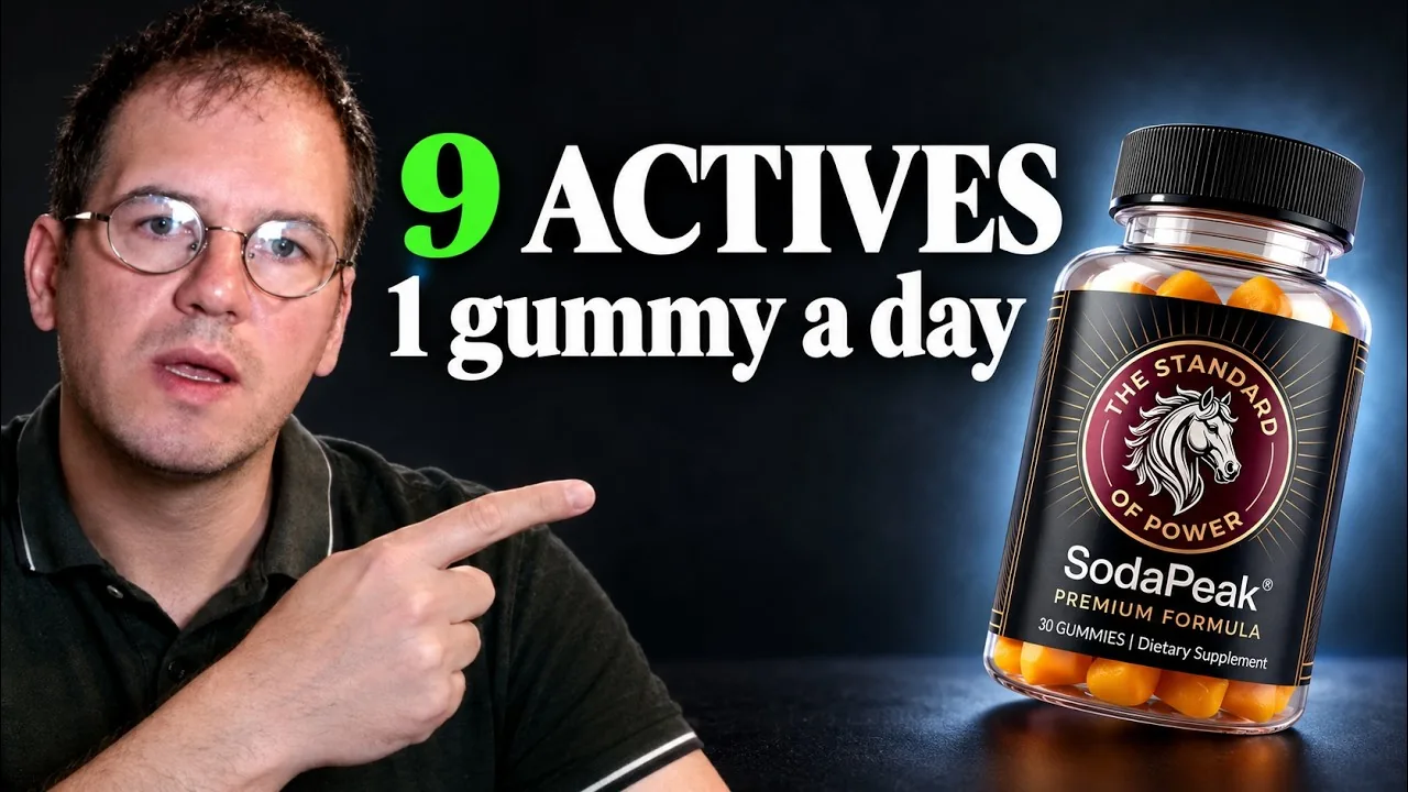 SodaPeak review video thumbnail: a bottle of SodaPeak, 30 gummies, next to the words 9 actives, 1 gummy a day