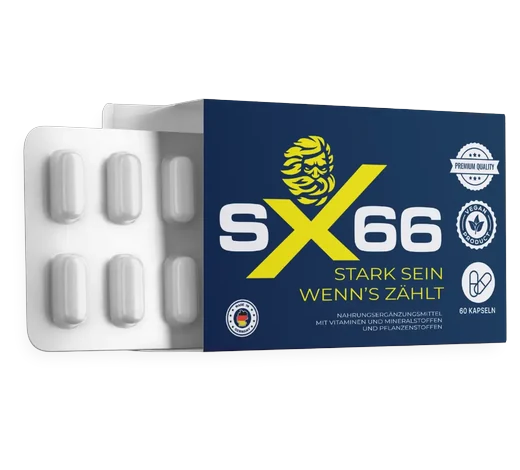 Boîte SX66 de 60 gélules en plaquettes, complément alimentaire aux vitamines, minéraux et substances végétales, mention vegan et fabriqué en Allemagne
