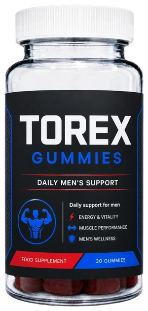 Torex Gummies, Dose mit 30 Fruchtgummis, Nahrungsergänzungsmittel für Männer mit Maca, Aufdruck auf Englisch