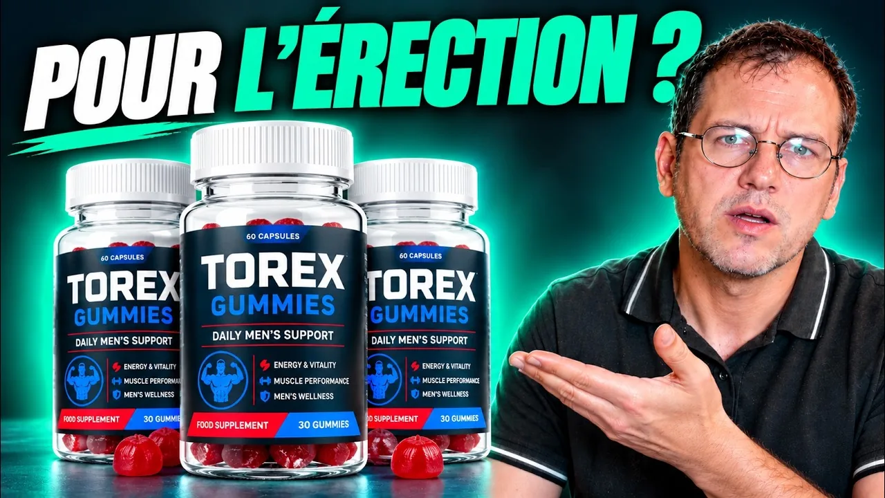 Torex Gummies avis en vidéo : le présentateur à côté de trois pots de Torex Gummies et de quelques gommes rouges