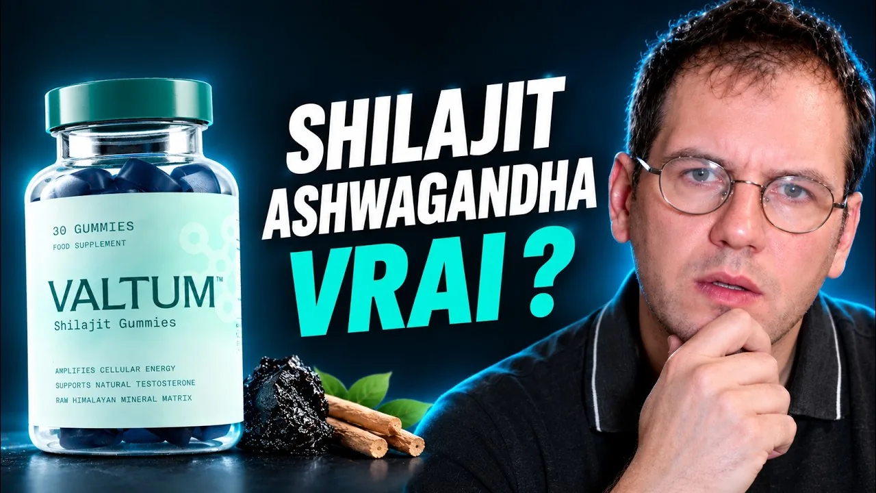 Valtum avis en vidéo : le présentateur à côté d’un flacon de Valtum, d’un morceau de shilajit et de racines d’ashwagandha