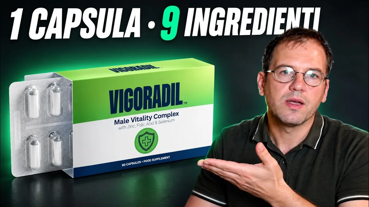 Miniatura del video Vigoradil: il presentatore indica la confezione con le capsule in blister, con il testo 1 capsula, 9 ingredienti