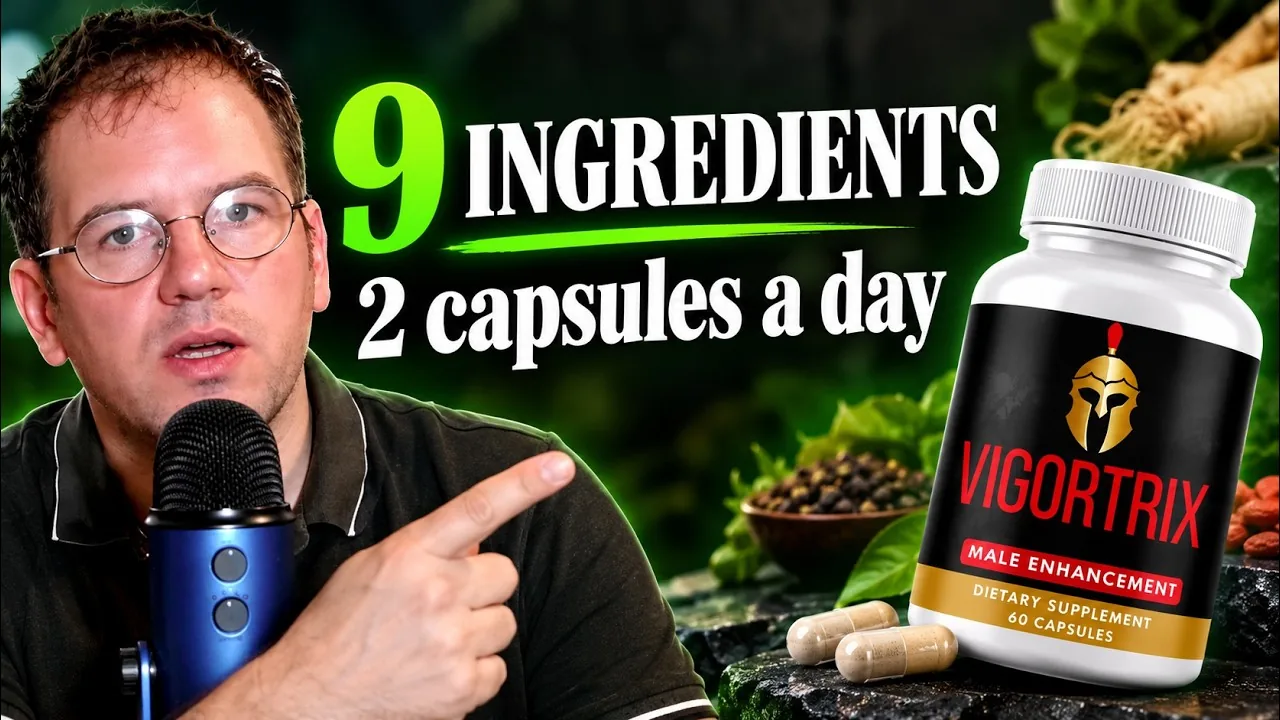 Vigortrix review video thumbnail: a bottle of Vigortrix, 60 capsules, next to the words 9 ingredients, 2 capsules a day