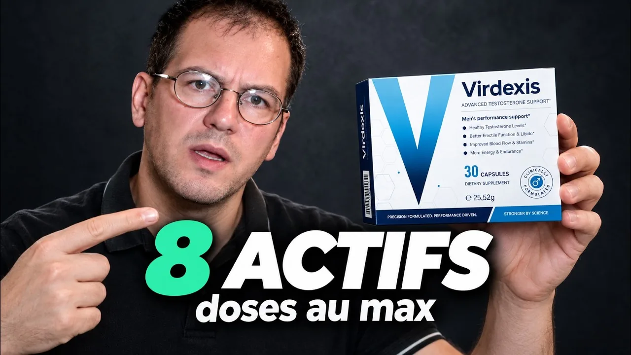Miniature de la vidéo : le présentateur montre une boîte de Virdexis de 30 gélules, avec le texte 8 actifs, doses au max