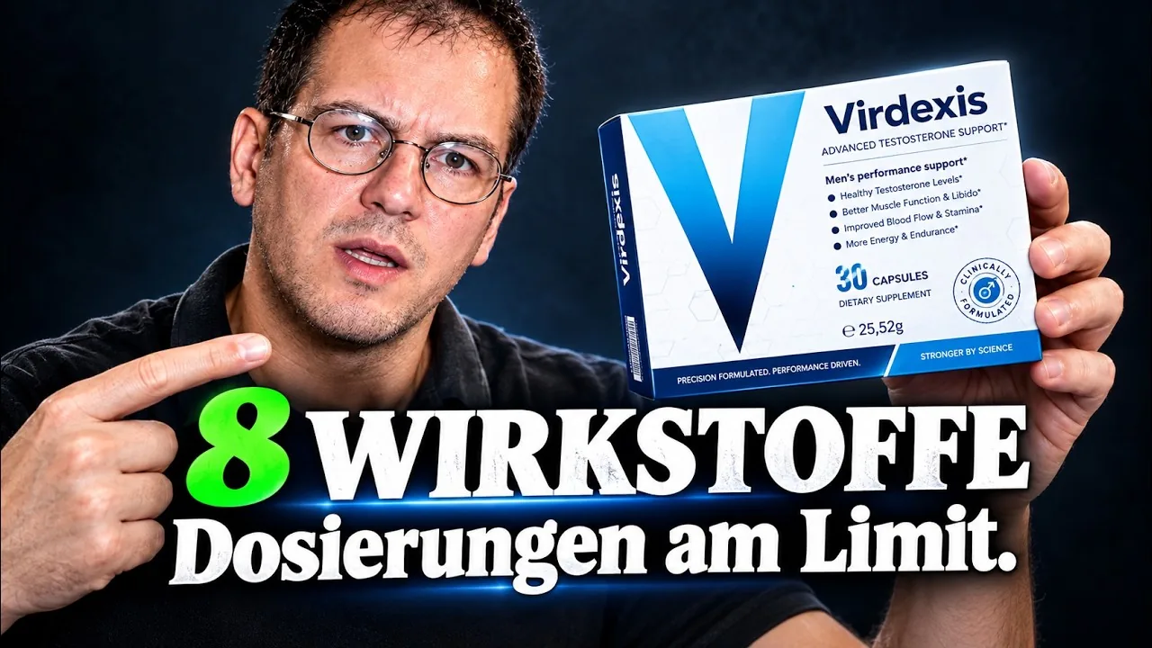 Virdexis Erfahrungen im Video: der Moderator zeigt eine Virdexis Packung mit 30 Kapseln, dazu der Text 8 Wirkstoffe, Dosierungen am Limit