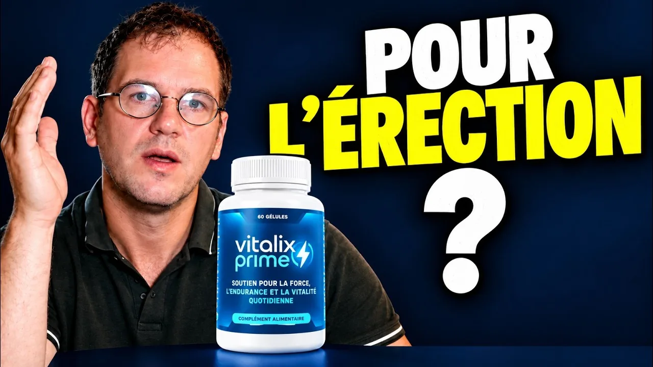 Vitalix Prime avis en vidéo : le présentateur à côté du flacon de 60 gélules, étiquette en français
